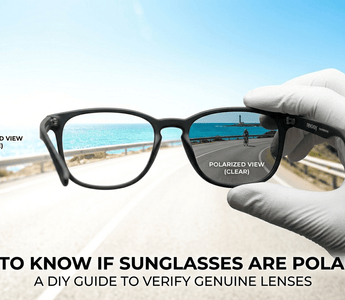 A featured image for a blog post, comparing the view with and without polarized sunglasses. Through the horizontal polarized lens, a cycling scene is crisp, clear, and glare-free, contrasting sharply with the overwhelming glare outside the frame.