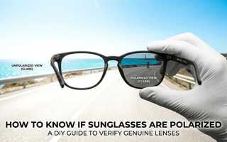A featured image for a blog post, comparing the view with and without polarized sunglasses. Through the horizontal polarized lens, a cycling scene is crisp, clear, and glare-free, contrasting sharply with the overwhelming glare outside the frame.