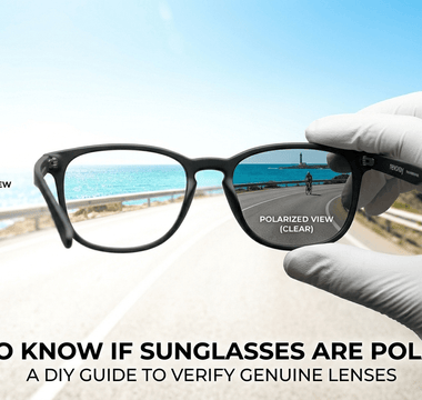 A featured image for a blog post, comparing the view with and without polarized sunglasses. Through the horizontal polarized lens, a cycling scene is crisp, clear, and glare-free, contrasting sharply with the overwhelming glare outside the frame.