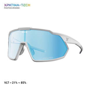 Brisk Y1 photochromic cycling sunglasses, clear to blue lens, matte white frame, VLT 21%-85%