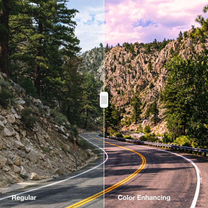 Comparison of regular view and color enhancing lens view on a mountain winding road