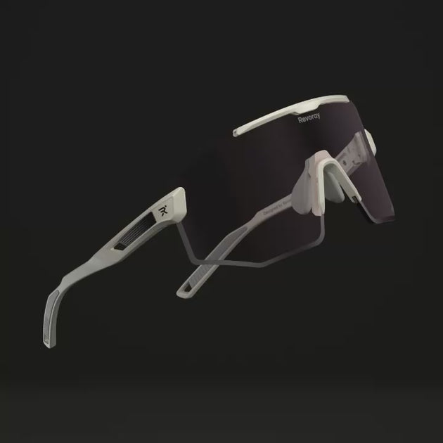 3D video demonstration of Revoray photochromic sports sunglasses changing lens tint and reflectivity under varying lighting conditions