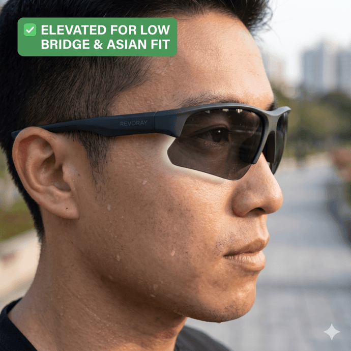 Side profile close-up of an athlete wearing Revoray sports sunglasses, demonstrating the clear gap and mechanical elevation designed for low nose bridges and Asian fit, with eyelashes clear of the lens.