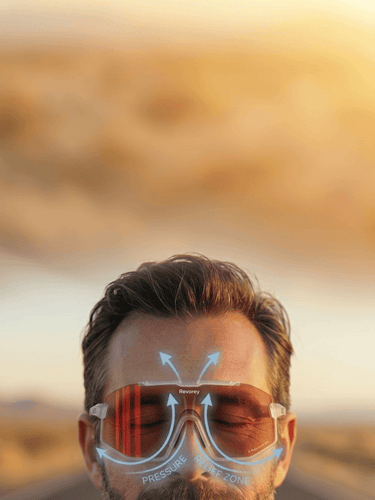 A relaxed female endurance athlete wearing Revoray sunglasses with air cushion nose pads, visualizing the 'Zero-Pressure Experience' with a soft blue pneumatic light at the nose bridge.