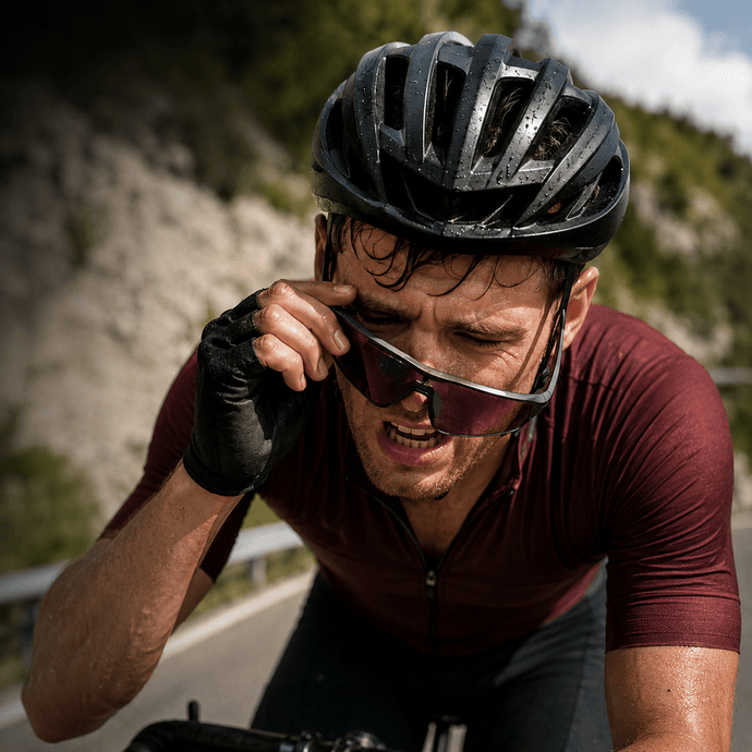 Cyclist adjusting slipping sports sunglasses during an intense uphill ride with sweat and performance discomfort