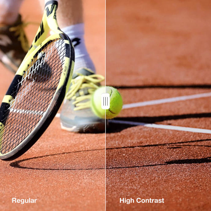 Comparison showing regular view versus high contrast lens performance on a tennis clay court